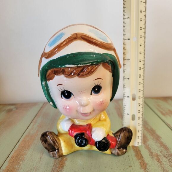 Vintage Freckled Little Boy with Helmet, Goggles, & Red Car Planter - 1960's - Picture 12 of 16